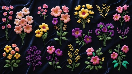 This digital embroidery design features floral icons and botanical motifs, ideal for enhancing textiles with garden-inspired green blossoms and herb branch details.