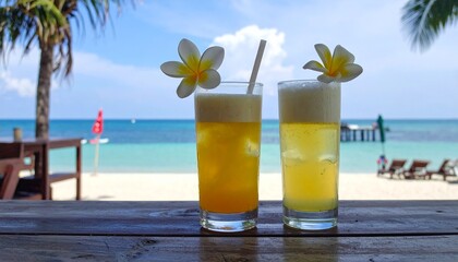 超楽しい夏の思い出、綺麗な海にカクテルと常夏の花