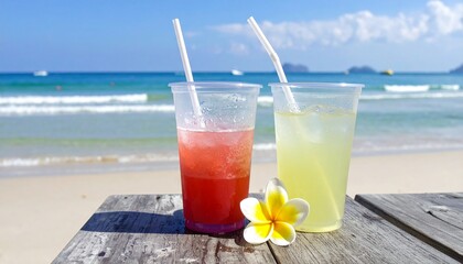 Obraz premium 超楽しい夏の思い出、綺麗な海にカクテルと常夏の花