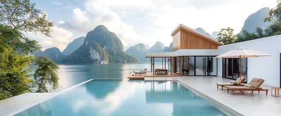 Luxurious villa with infinity pool overlooking a scenic bay, lush mountains, and serene waters