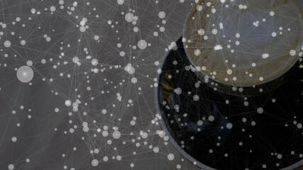 Dark ceramic coffee cup showing latte art from overhead in 3D render, overlaying network node grid - Powered by Adobe