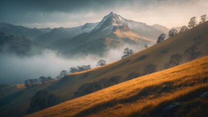 Breathtaking alpine landscape featuring rugged mountain ridges, golden grass slopes, and snow-capped peaks amid rising mist in New Zealand's remote wilderness.