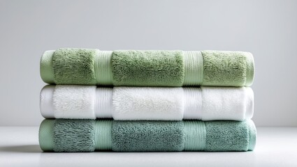 Colorful modern towels stacked neatly on white background