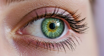 Detailed CloseUp of Vibrant Green Almond Shaped Eye with Long Lashes Reveals Intricate Iris Patterns and Soft Light Reflections