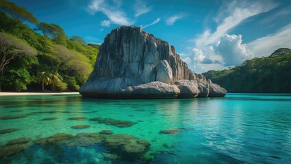 Obraz premium Stone rock surrounded by trees in a tropical lagoon