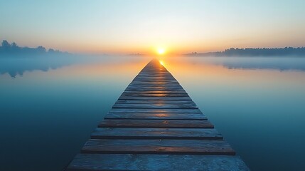 Serene wooden dock extending into a tranquil lake at sunrise, bathed in soft morning light. Misty atmosphere reflects the golden hues of the rising sun
