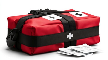 A first aid kit with bilingual medical instruction cards, ideal for international travelers, isolated on a seamless white background,