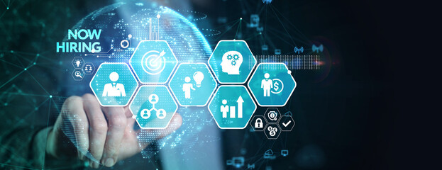 Business, Technology, Internet and network concept. NOW HIRING inscription, modern technology business concept.