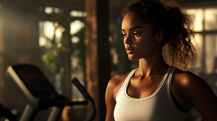 A fitness model stretching before getting on a treadmill, preparing for a high-intensity run, gym mirrors reflecting the scene,