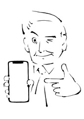 スマートフォンを指さすシニア男性