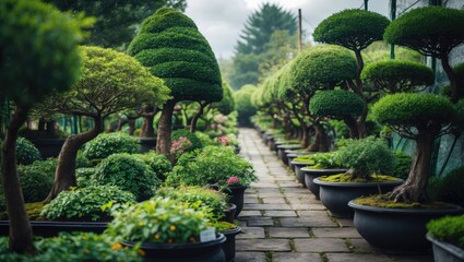 Obraz premium Neatly arranged Streblus asper bonsai trees amidst lush green scenery.