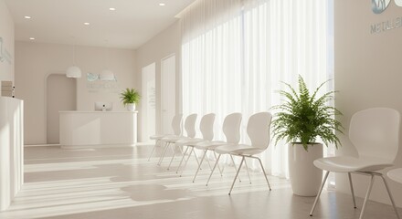 Bright Minimalist Waiting Room with White Chairs and Sunlight Through Sheer Curtains Creating a Soft Glow