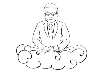 雲に乗って座禅を組んでいる中年のサラリーマン