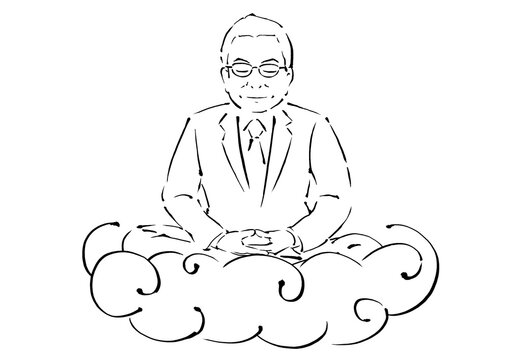 雲に乗って座禅を組んでいる中年のサラリーマン
