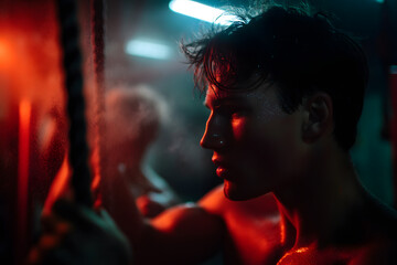 Strong athlete training in dimly lit gym Generative AI