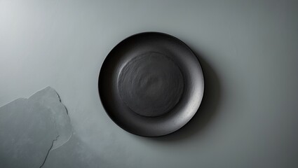 Aerial perspective of a rustic black plate on gray slate with empty space