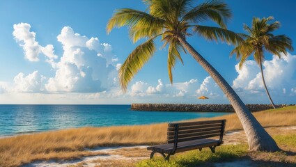 A tall palm tree leaning over a bench on grassy shoreline near the ocean with a breakwater and distant beach umbrella