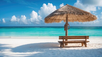 Shaded straw umbrella overlooking the island coastline during summer