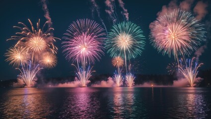 Colorful fireworks reflected on a lake at night in Japan