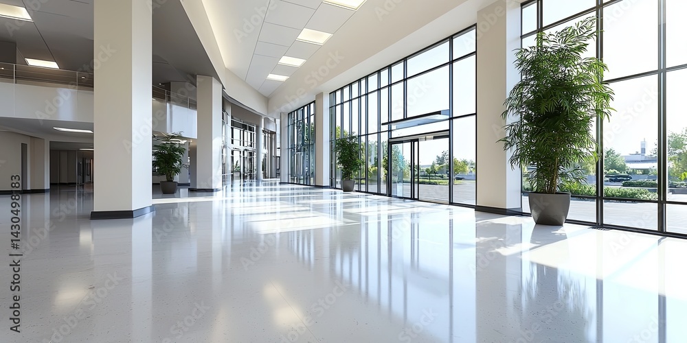 Poster bright and spacious modern interior of an empty lobby with large windows reflecting natural light in