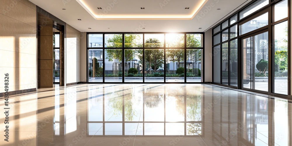 Poster bright and spacious modern interior of an empty lobby with large windows reflecting natural light in