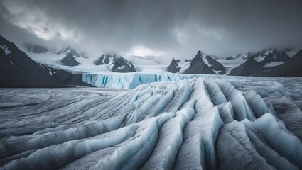 Stunning Icelandic landscape showcasing a glacier blanketed in volcanic ash with intricate grooves and ice layers forming a rugged, textured surface.