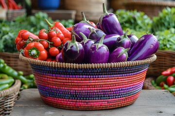 Woven Basket of Fresh Produce at Farmer&rsquo;s Market &ndash; Colorful Peppers, Eggplants, and Herbs in Organic Lifestyle Scene with Sunny Background Blur