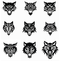 Angry Wolf Head Silhouettes Tribal Vector Set