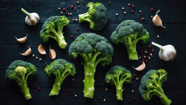 Fresh green broccoli on a dark wooden background for healthy eating