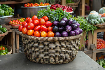 Woven Basket of Fresh Produce at Farmer&rsquo;s Market &ndash; Colorful Peppers, Eggplants, and Herbs in Organic Lifestyle Scene with Sunny Background Blur