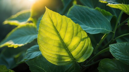 A stunning yellow-green leaf illuminated by sunlight with detailed plant structure and textured background in macro photography.
