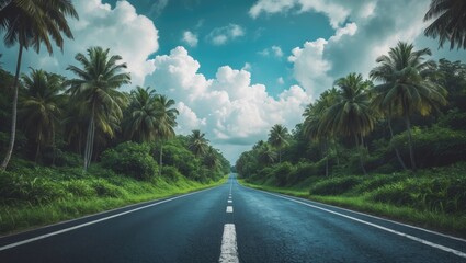 Tropical woods landscape with an empty asphalt road and lush greenery
