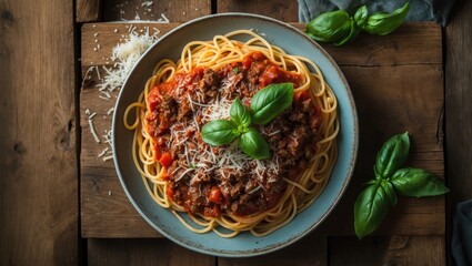 Overhead view of a delicious spaghetti dish topped with savory minced beef, tomato sauce, parmesan cheese, and basil