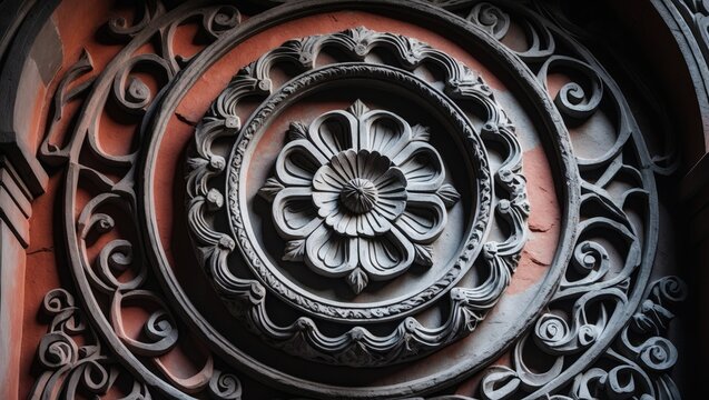 Intricate Armenian mandala pattern with engraved floral and geometric designs on a circular frame of red volcanic stone.