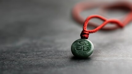 A jade Feng Shui charm with red string, symbolizing luck and prosperity, displayed on a clean white surface,