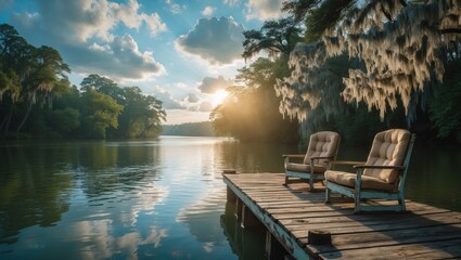 Beautiful Summer Landscape with Boat Dock on the Cooper River
