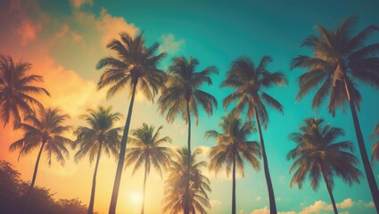 Tropical palm tree row during sunset with vibrant gradient background