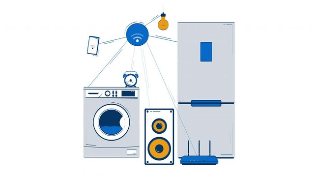 Connected via Wi-Fi smart home appliances doodle animation. IoT fridge, washing machine, alarm clock, speaker, lightbulb animated 2D flat cartoon concept, white background. 4K video motion graphic