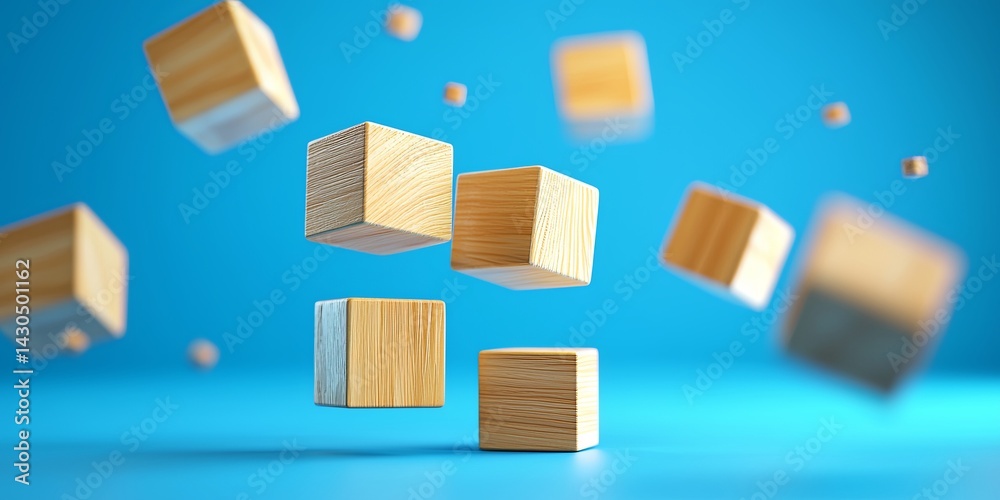 Poster wooden blocks with arrows representing growth and progress on a blue background, concept of business