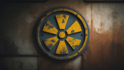 Obraz premium Radioactive warning sign on rusted industrial surface