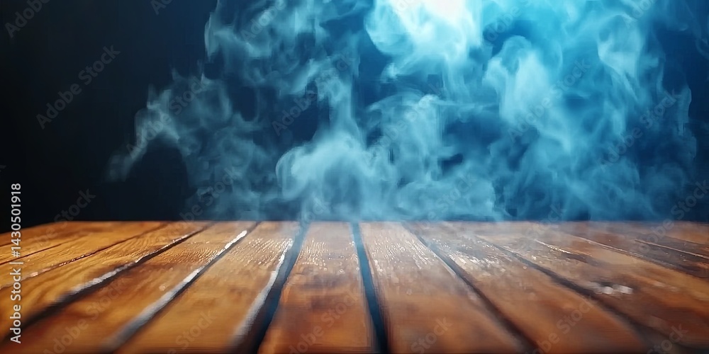 Poster Dark Background with Smoky Fog Over Wooden Table Surface Perfect for Product Photography and Creative Visual Projects