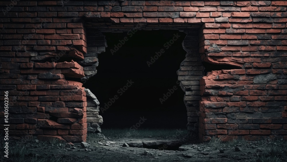 Poster damaged brick wall with an open field behind it