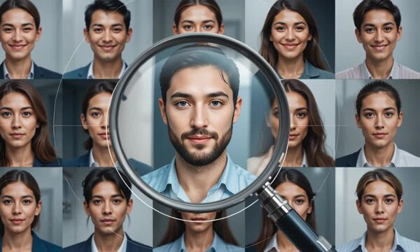 Man's face under magnifying glass among portraits of smiling people on gray background. Concept of identity and individuality