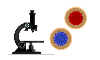 illustration of a microscope with two stylized virus or cell structures in red and blue, representing scientific research or microbiology, Virus microscope, coronavirus bacteria plastic model