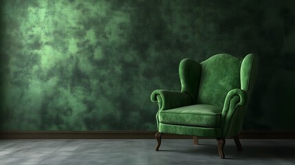 Living room with green armchair on empty dark green wall background.3D rendering