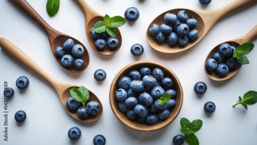 Poster blueberries arranged in a wooden bowl and spoons viewed from above on a white background