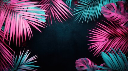 Neon pink and turquoise tropical palm leaves over a midnight black background with glowing accents: A bold party-inspired tropical theme with a nightlife vibe.