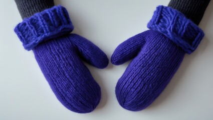 White background image of blue woolen mittens for winter fashion.