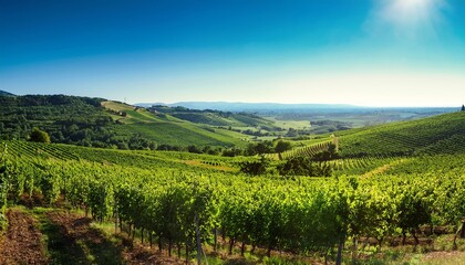 Fototapeta premium A picturesque vineyard landscape under a clear blue sky, showcasing rows of lush green grapevines and gentle hills in the background.