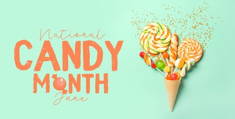 Waffle cone and sweets on green background. Banner for National Candy Month © Pixel-Shot